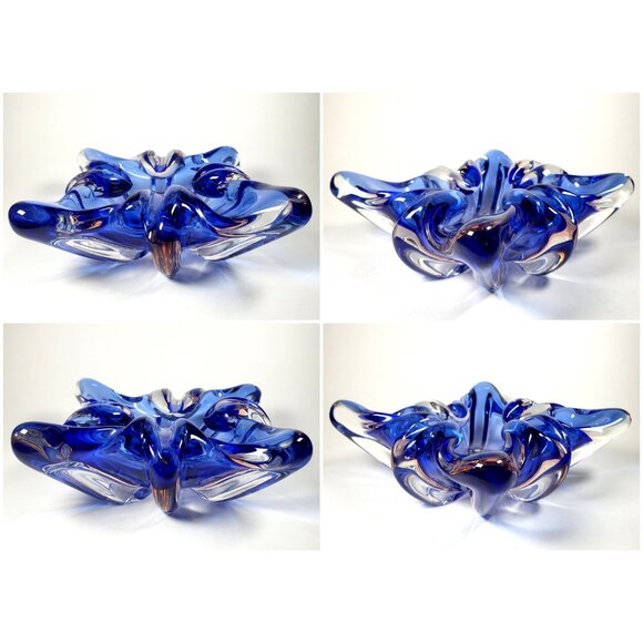 Sanyu Art Glass Decorative Bowl Blue Clear and Pink Heavy Vintage Japanese - Picture 5 of 9